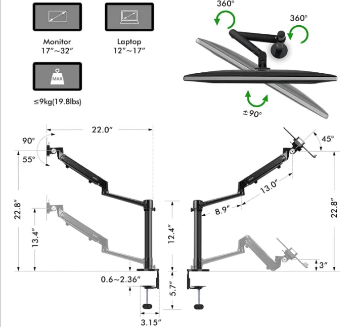 Apex Adjustable Height Aluminum Gas Spring Monitor & Laptop Arm