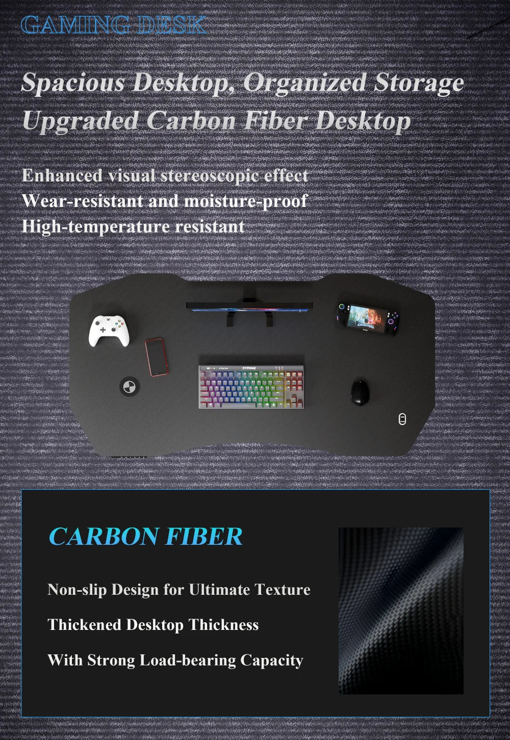 Apex Premium Electric Height-Adjustable Gaming Desk with Carbon Fiber Desktop and RGB LED