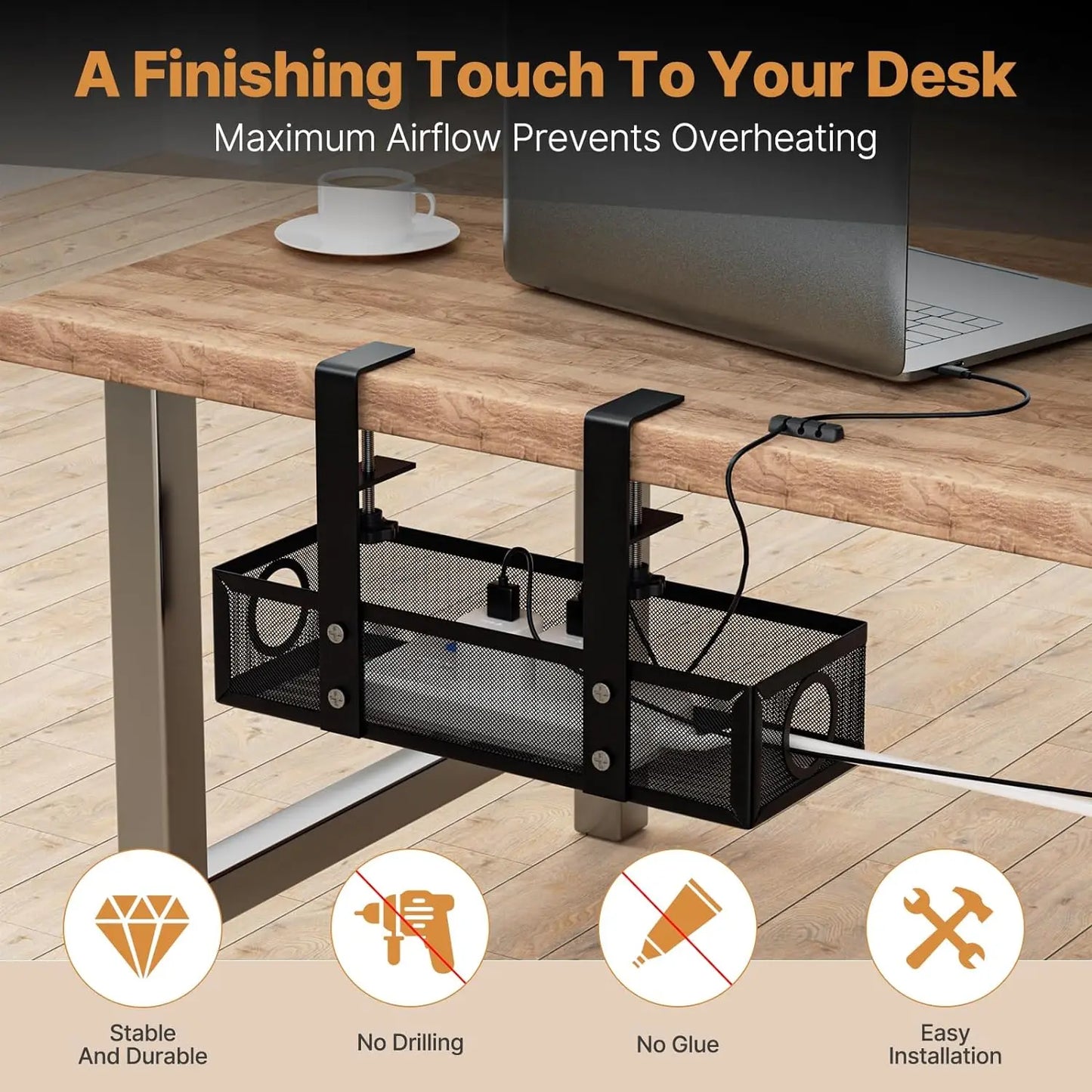 Under Desk Clamp Mount Wire Management Box – No-Drill Cable Organizer