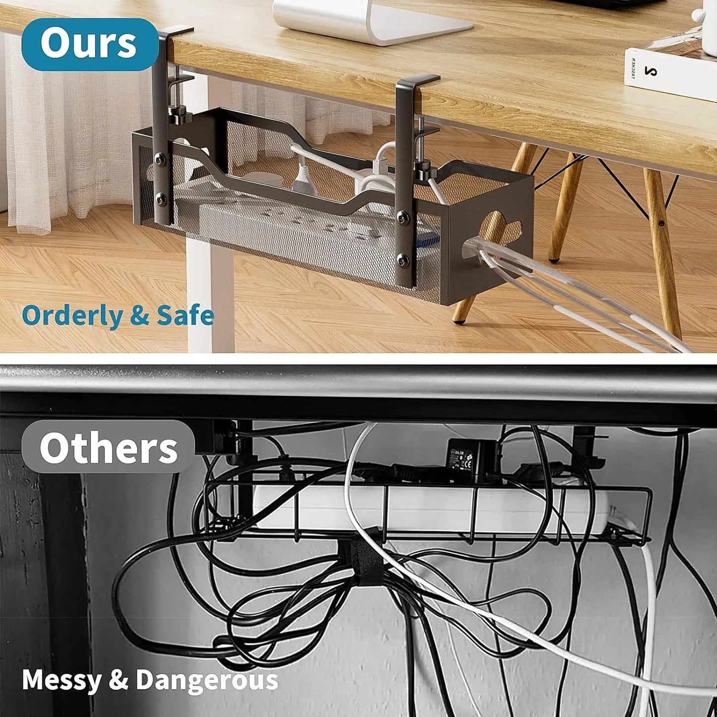 Under Desk Clamp Mount Wire Management Box – No-Drill Cable Organizer