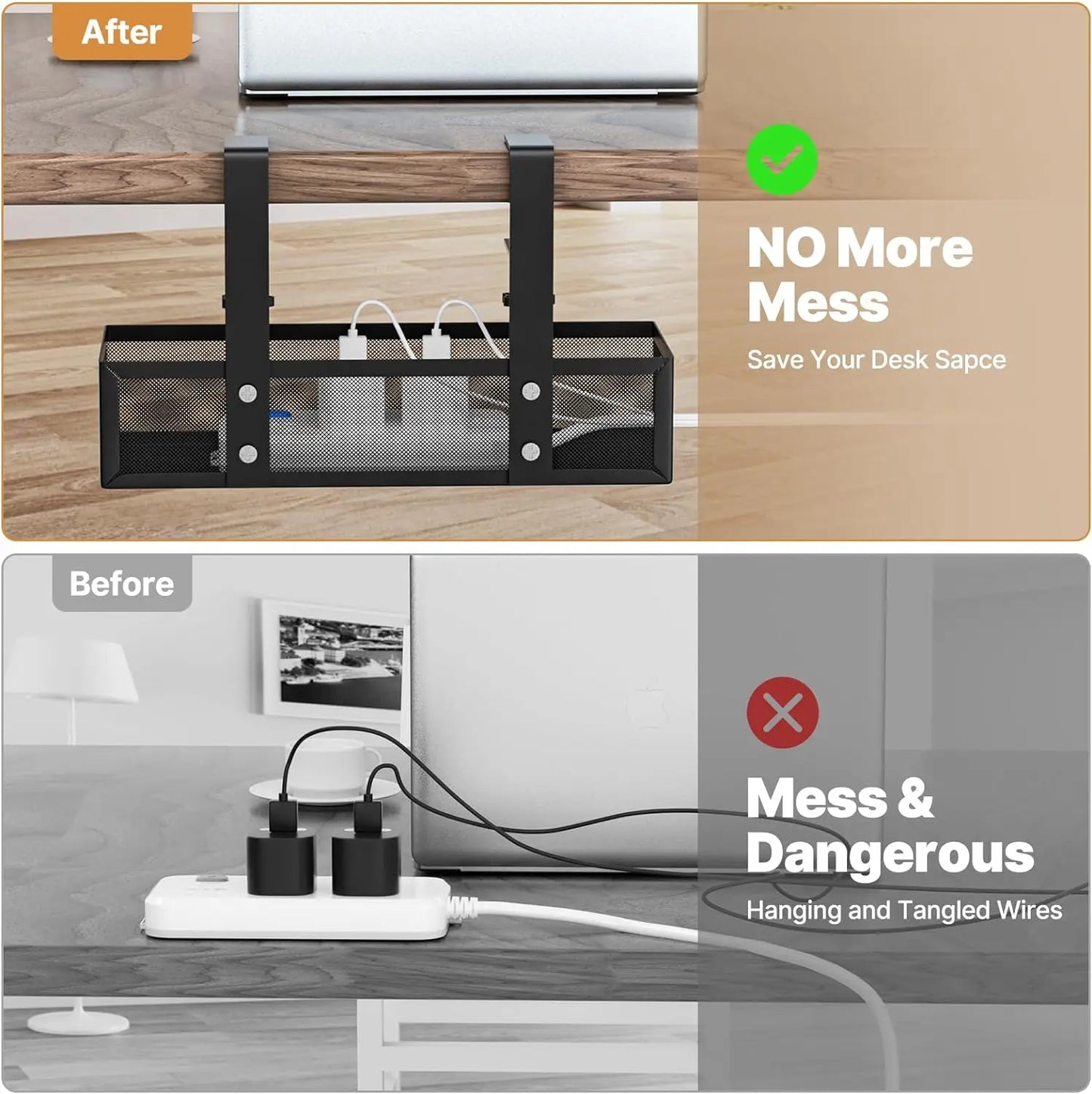 Under Desk Clamp Mount Wire Management Box – No-Drill Cable Organizer