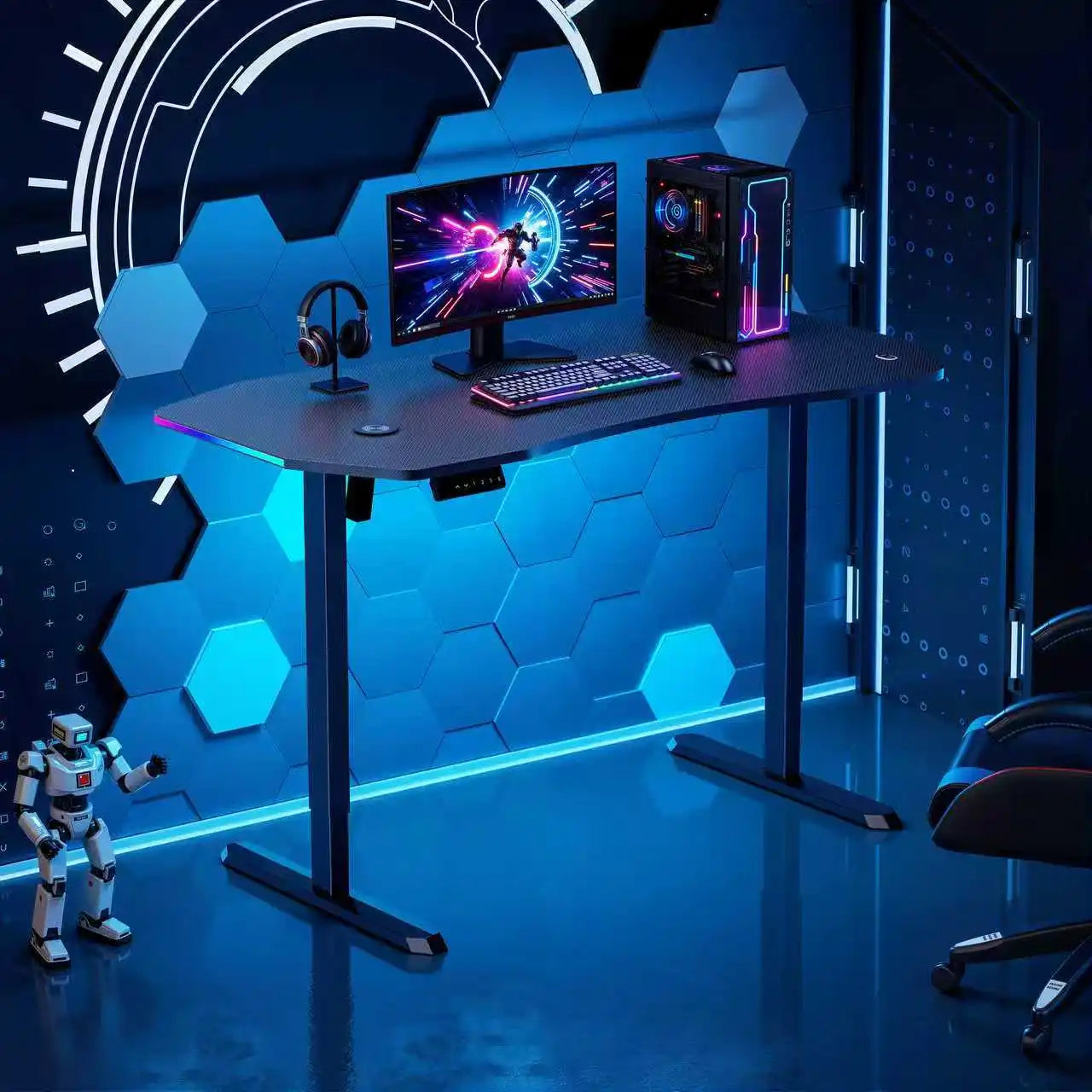 Apex Premium Electric Height-Adjustable Gaming Desk with Carbon Fiber Desktop and RGB LED
