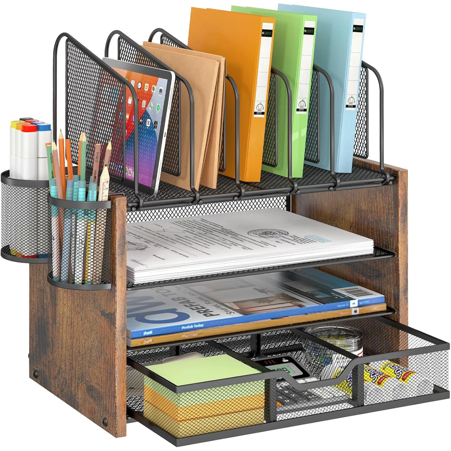 Apex 4-Tier Mesh Wooden Desk Organizer with Vertical File Holders