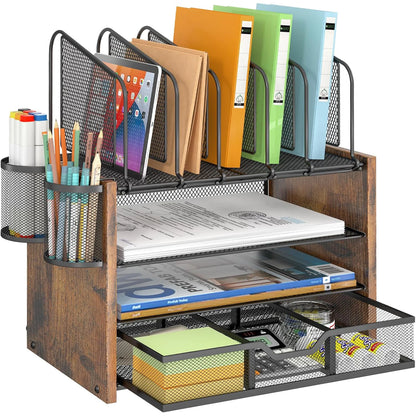 Apex 4-Tier Mesh Wooden Desk Organizer with Vertical File Holders