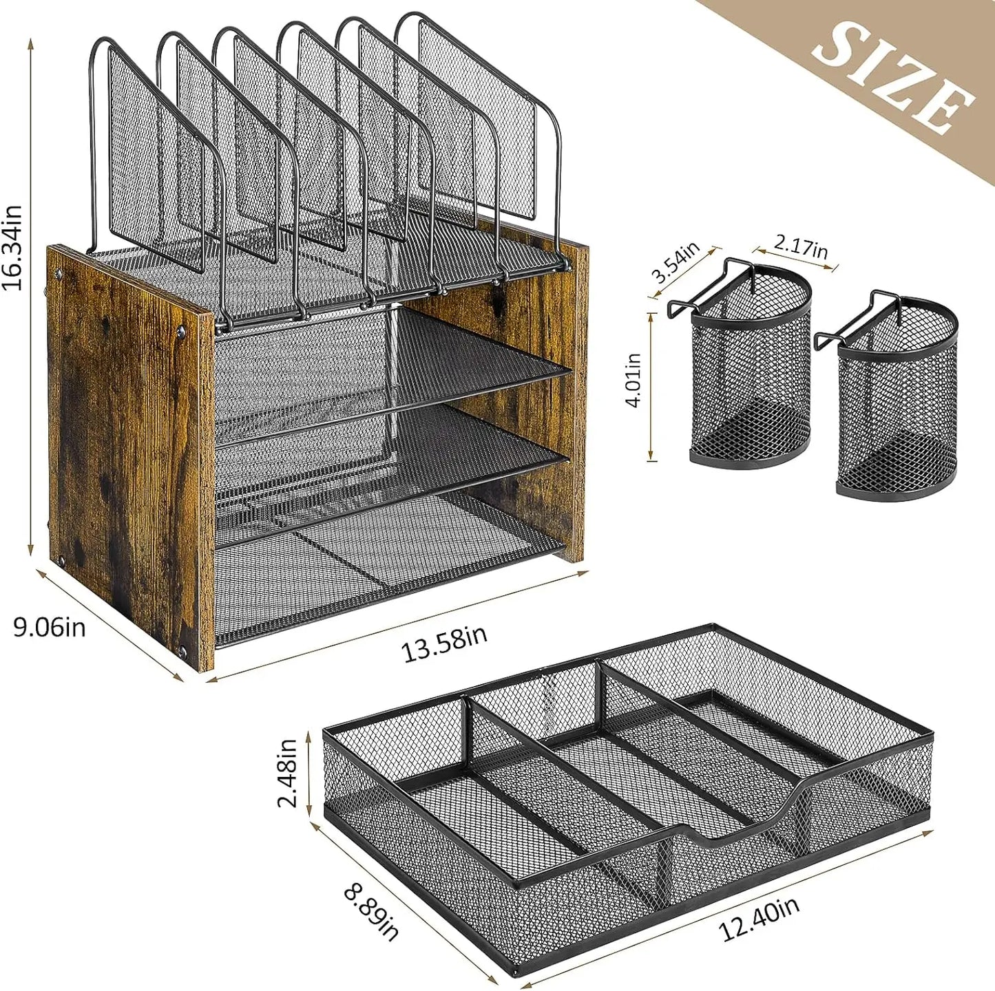 Apex 4-Tier Mesh Wooden Desk Organizer with Vertical File Holders