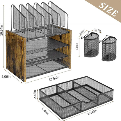 Apex 4-Tier Mesh Wooden Desk Organizer with Vertical File Holders
