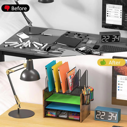 Apex 4-Tier Mesh Wooden Desk Organizer with Vertical File Holders