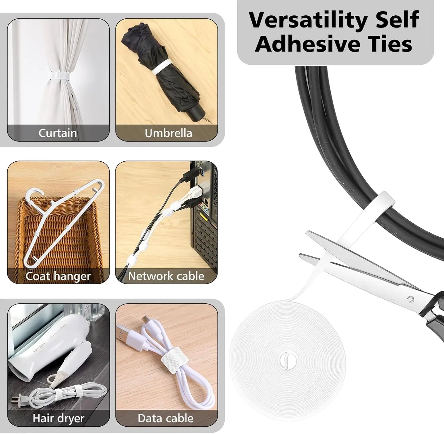 Apex Cable Management Organizer Kit – 10 Reusable Clips, 2 Rolls Velcro & 100 Zip Ties