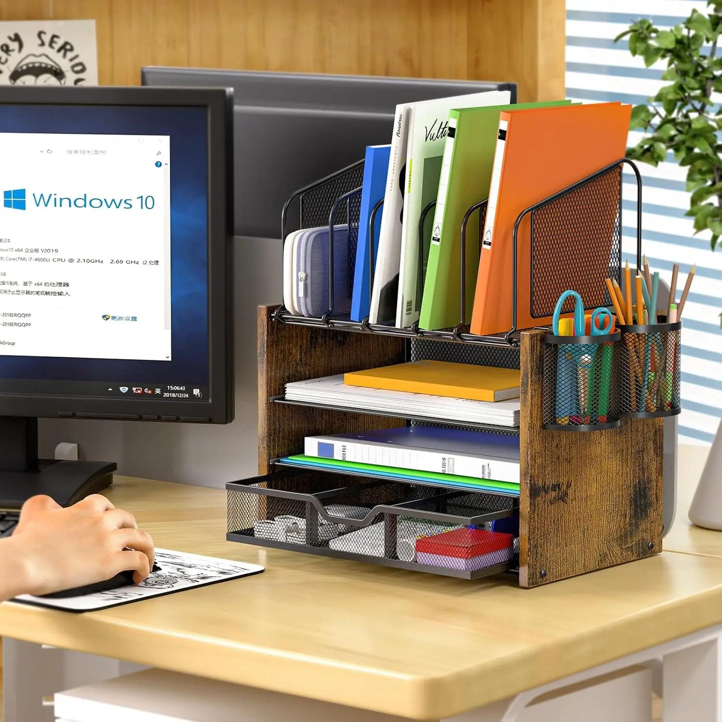 Apex 4-Tier Mesh Wooden Desk Organizer with Vertical File Holders