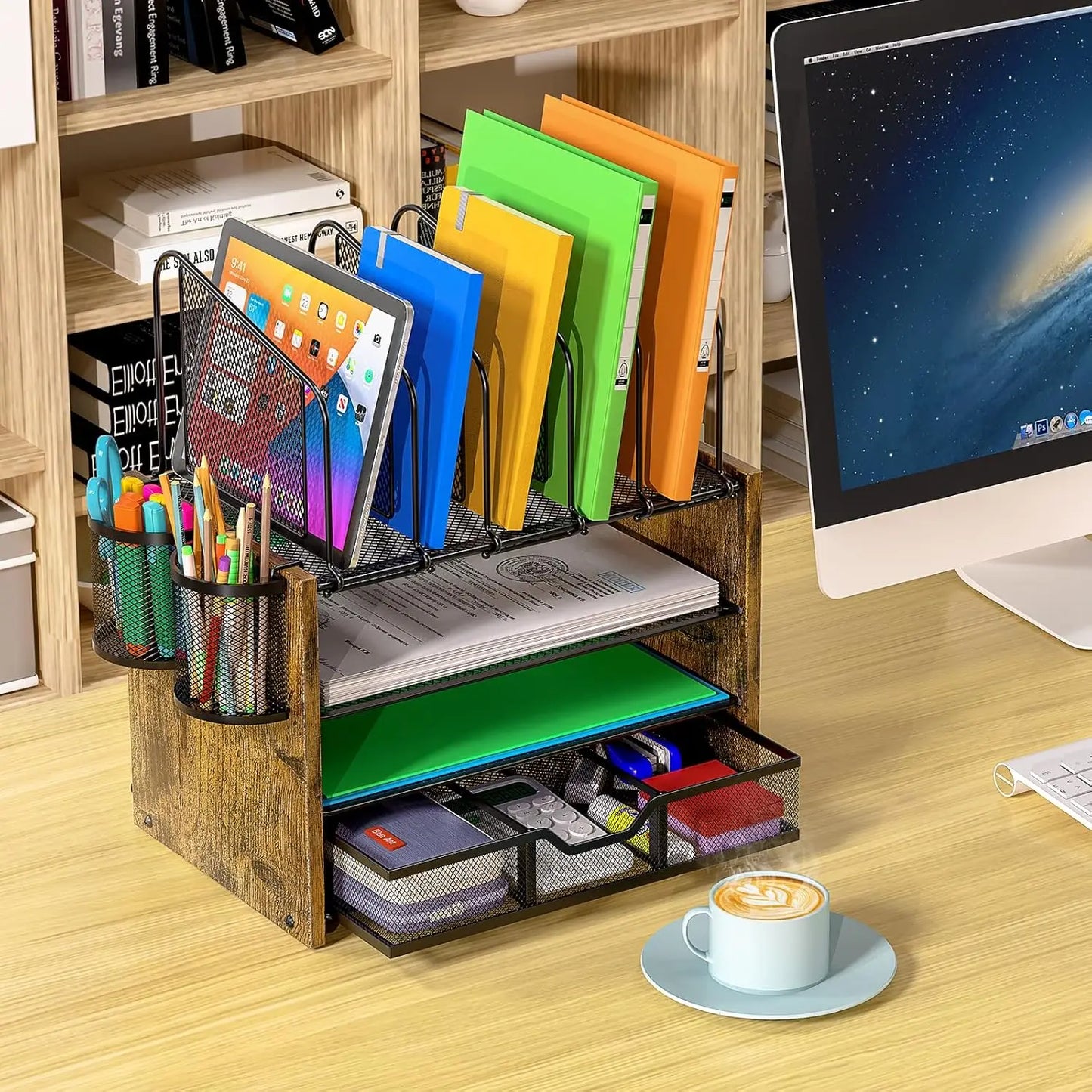 Apex 4-Tier Mesh Wooden Desk Organizer with Vertical File Holders