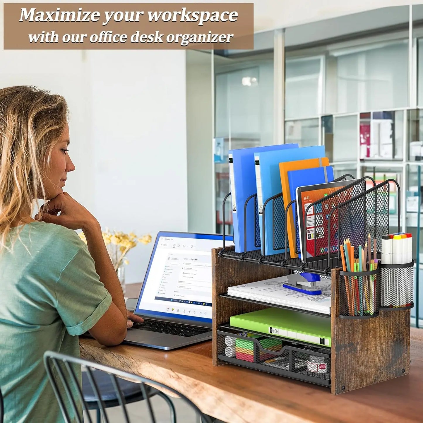 Apex 4-Tier Mesh Wooden Desk Organizer with Vertical File Holders