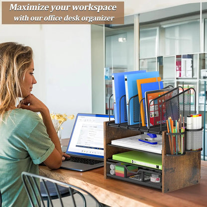 Apex 4-Tier Mesh Wooden Desk Organizer with Vertical File Holders